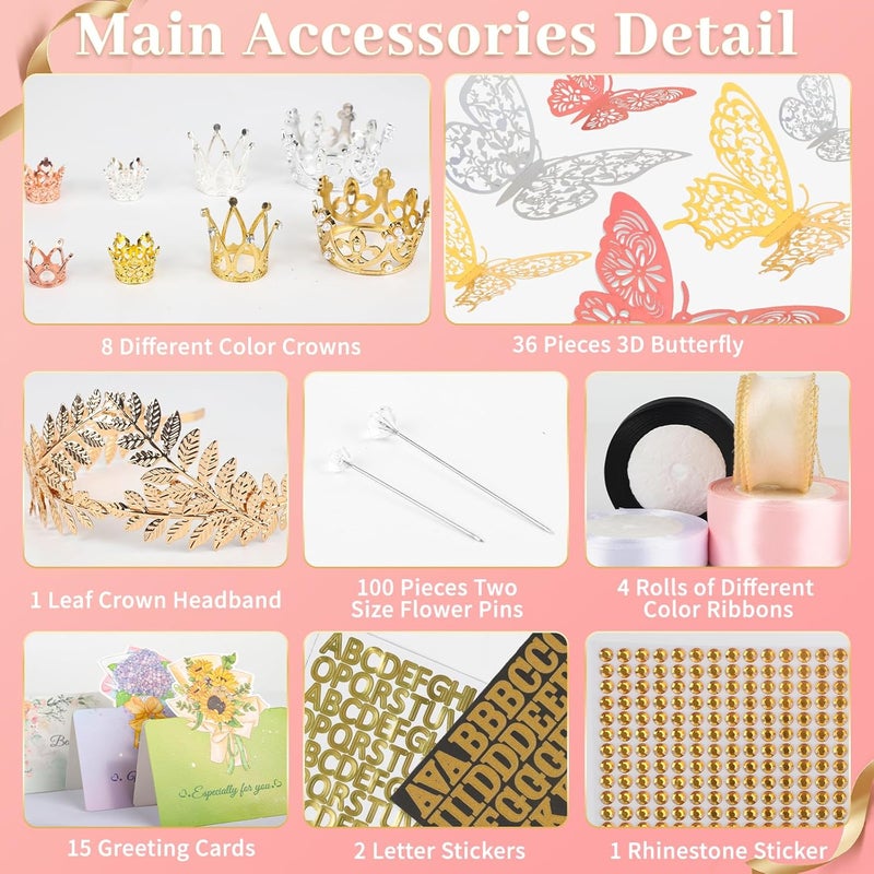 Besuper 260Pcs Flower Bouquet Wrapping Paper Kit, 60 Sheets Waterproof Paper, 36 Butterflies, 8 Crowns, 1 Headband, 4 Ribbons, 15 Cards, 100 Diamond Pins, 30 Floral Wire, 3 Stickers, 3 Tapes (Black & White) - Image 3